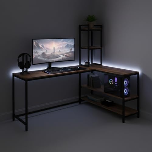 Image of Amazon Brand - Solimo L Shaped Study Table for Students and Adults /Computer Table for Home-Office /Gaming Table /Computer Desk for Corner - Wood & Metal (English-Forest Dark & Black, DIY Installation)