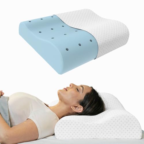 Image of WELLGIVER Cervical Gel Memory Foam Pillow for Neck Pain Relief - Ergonomic Orthopedic Pillow for Sleeping, Contoured Support for Side, Back & Stomach Sleepers | White | Pack of 1 | 19 x 11 x 3.5 Inch