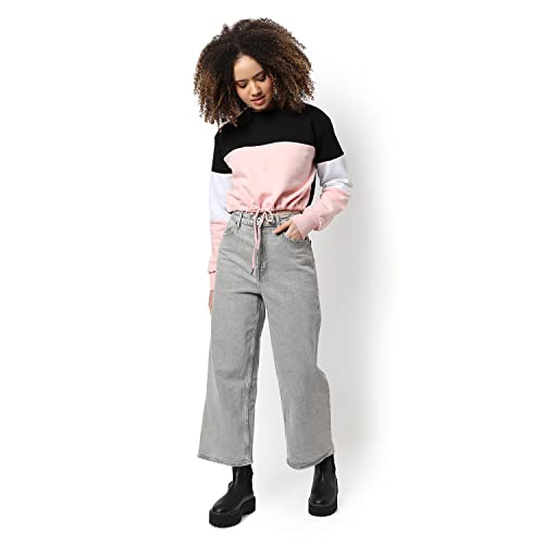 Image of Campus Sutra Women Pink & Black Cinched Waist Regular Fit Sweatshirt for Winter Wear | Round Neck | Full Sleeves | Cotton Sweatshirt | Casual Sweatshirt for Woman | Stylish Sweatshirt for Womens