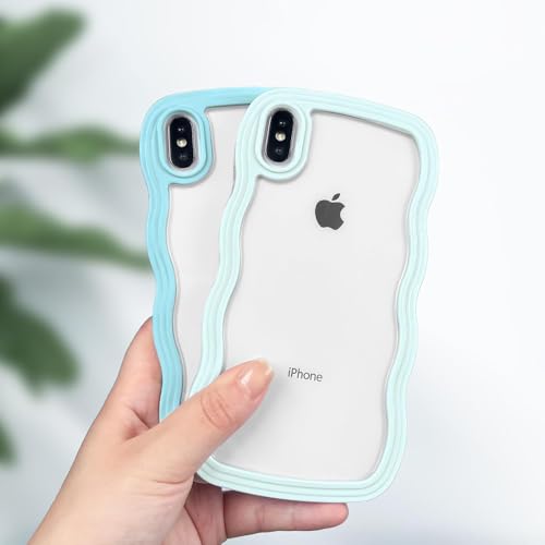 Image of GoldKart iPhone X /Xs Case Wavy Edge Clear Back Design, Anti-Slip Grip Cute Wave Curly Frame Shape Shockproof Soft TPU & Hard PC Bumper Protective Phone Case Cover for Women Girls - Light Blue
