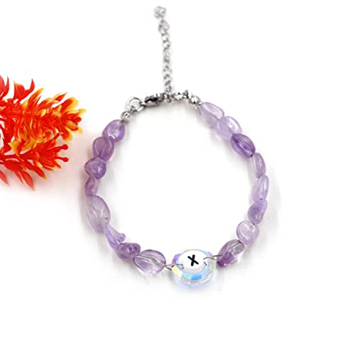 Image of Uloveido Purple Natural Stone and Austrian Crystal Letter Bracelet, Personalized Initial Jewelry for Women A-Z 26 Letters