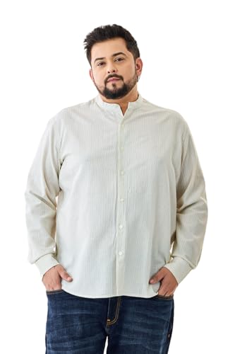 Image of SNITCH Men Casual Plus Size Shirt | Regular Fit Full Sleeve Mandarin Collar Striped Design | Premium Cotton Linen Blend & Breathable Fabric for Office & Everyday Wear