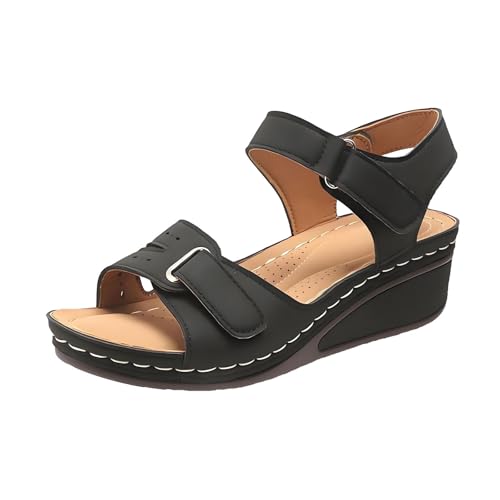 Soft & Stylish Wedge Sandals, Leather Orthopedic Walking Platform Sandals, Women Summer Sandals with Arch Support(Black,41)