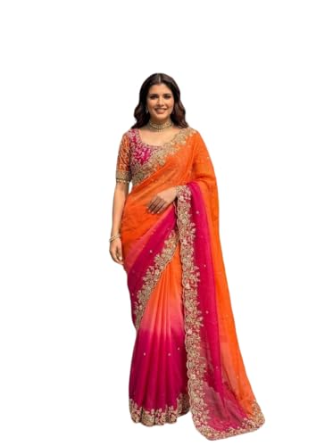 Image of ORHANS Women's Organza Silk Saree with Unstitched Blouse Piece Heavy Embroidery Work and Floral Pattern | Womens Sarees for Weddings | Party and Festivals Sari for Woman | Silk Saree