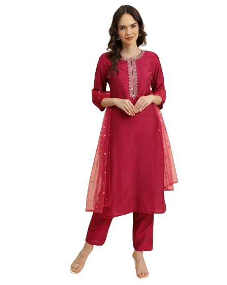 Varanga Magenta Embroidered Kurta Paired With Straight Trouser And Digital Floral Printed Dupatta