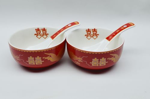Image of Liang baobao Chinese Wedding Tea Gift 2 Set Bowl Spoon Porcelain Dragon and Phoenix for Adults Men Women Couple Wedding Party (4 /set dragon phoenix double happiness)