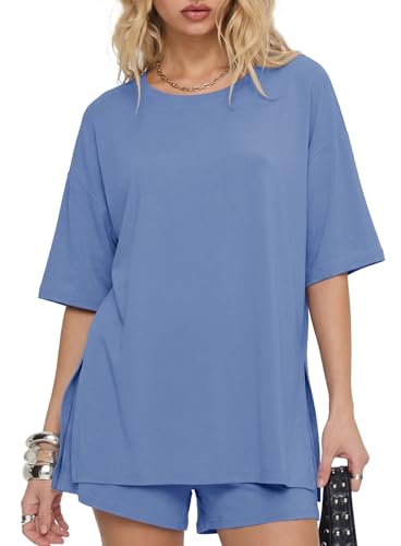 Image of Darong Women's 2 Piece Shorts Set Loungewear | oversized tshirts,crew neck top,drawstring shorts,elastic waist, side pockets,summer travel outfits