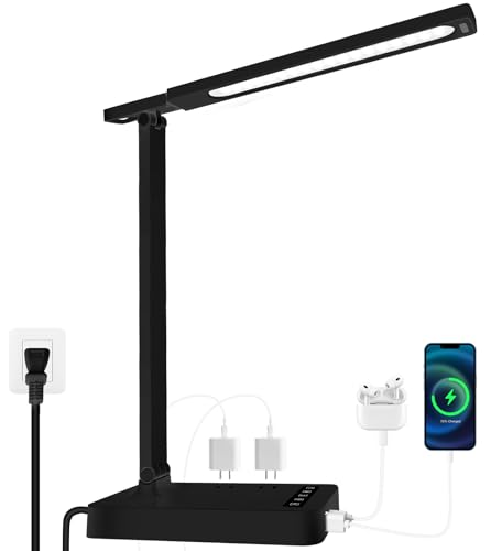 Desk Lamp with 4-Port Charging Station (2 AC Outlets, USB-C, USB-A), 5 Color Modes & Adjustable Brightness, Flexible Gooseneck Arm, Eye-Protecting LED Light Source, Ideal for Home Offices & Bedrooms