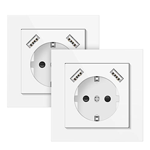 USB Steckdose, Schutzkontaktsteckdose Unterputz Schuko Steckdose mit USB Anschluss und Rahmen Max. 3,4A Wandsteckdose Standard System 55