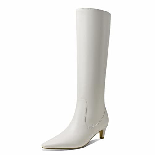 Women's Fashion Square Toe Matte Leather Solid Color Wide Calf Comfortable Slip On Low Kitten Heel Dress Knee High Boots