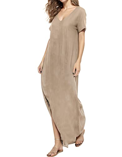 Image of Match Women's V-Neck Casual Loose Short Sleeve Long T-Shirt Dress Split Maxi Dress with Side Pocket