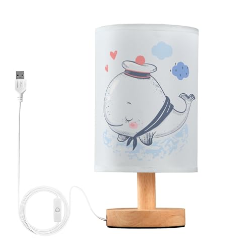 YYZZH Table Lamp Cute Whale Sailor Heart Rain Cloud in Wave Ocean Nightstand Lamp with Wood Base Fabric Lamp Shade Bedside Desk Lamp for Living Room Bedroom Kids Room Office