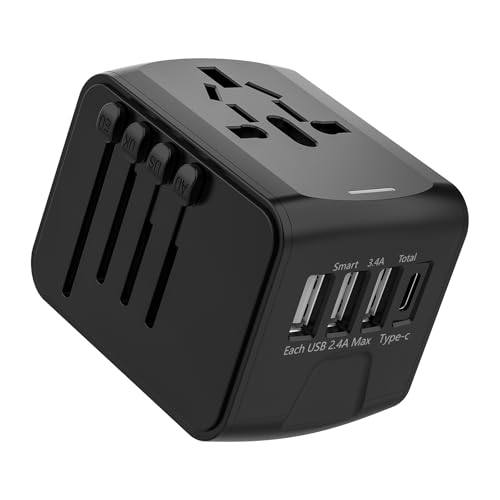 Adaptador Enchufe Universal Cargador Viaje para más de 170 Países con 3 USB A y 1 USB C, para USA, UK, Europa, Asia y Australia, Universal Travel Adapter, Negro
