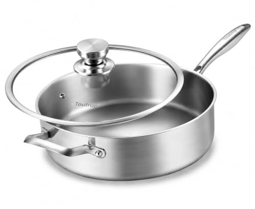 Toutrop 8 Quart Saute Pan with Lid,Tri-Ply Stainless Steel Deep Frying Pan,13.5inch Large Skillet,Induction Compatible Cookware,PFOA & PFOS Free,Oven & Dishwasher Safe