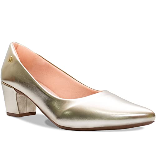Scarpin Bico Fino Confort Salto Alto Metalizado Ouro A2.16 A Cor:Ouro;Tamanho:38;Genero:Feminino