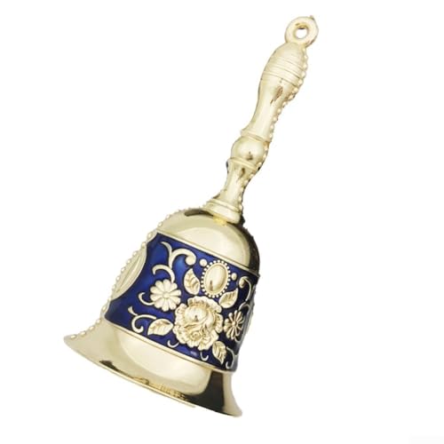 Oniissy Campana de mesa retro de manivela con patrón de rosa, campana de servicio de aleación de cobre para hoteles, bodas y decoración del hogar (azul + dorado)