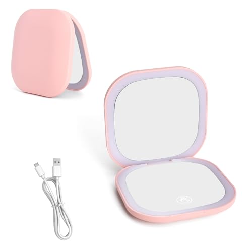TNSLAND Specchio tascabile con LED, interruttore magnetico, pieghevole su entrambi i lati, ingrandimento 5X, specchietto da borsetta, specchio da trucco ricaricabile tramite USB piccolo per borsa casa