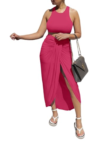LYANER Women's 2 Piece Outfits Sleeveless Tank Crop Top and Wrap Split Slit Ruched Bodycon Midi Skirt3