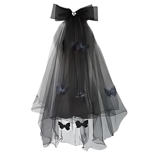 Velo de novia gótico corto tul negro insectos oscuros doble capa borde enrollado boda