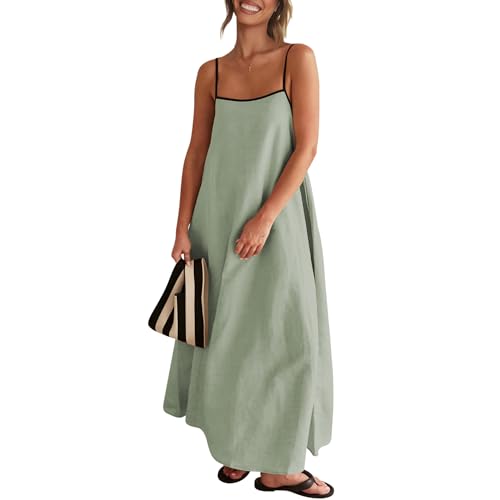 Image of Senllen Women's Linen Dress Summer Loose Flowy Sundress Contrast Spaghetti Strap Sleeveless Backless Beach Maxi Long Dresses