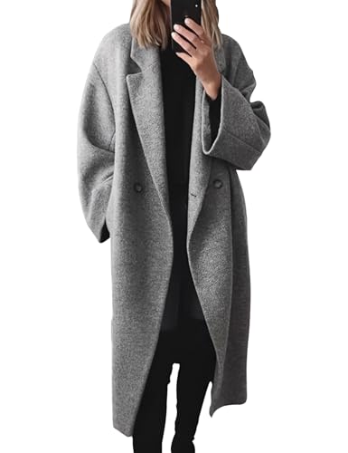 Gihuo Women's Long Wool Blend Coat Casual Lapel Double Breasted Winter Trench Coat Outerwear (US, Alpha, X-Large, Regular, Regular, Grey)