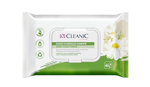 Cleanic Papier Toilette Humidifié Rinçable - (40 Pièces) Papier Toilette Humide - Avec extrait de camomille, jetable, lingettes intimes humides - 40 Pièces