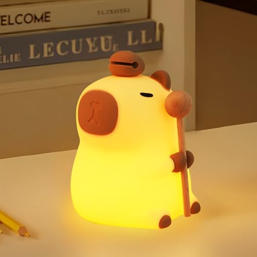 Capybara Night Light for Kids, AVEKI Silicone Dimmable Touch Lamp with 3-Levels Brightness and 7 RGB Colors, USB Rechargeable Bedside Table Light for Bedroom, Living Room Children's Room (Wooden-Fish)