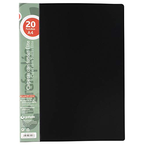 Grafoplás 98141010 Élite Carpetas con Fundas, 20 Fundas Transparentes, Cubiertas semirrígidas, Negro, A4