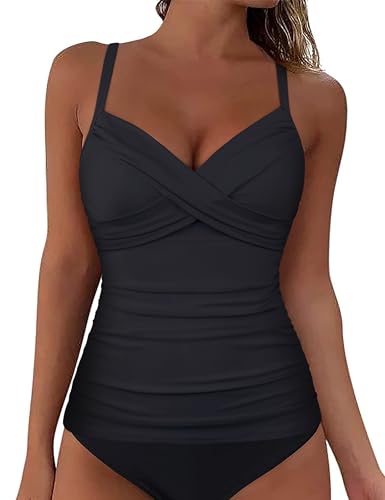Hilor Black Bathing Suits Top for Women Twist Underwire Tankini Top Swimwear V Neck Tummy Control Swimsuit 12