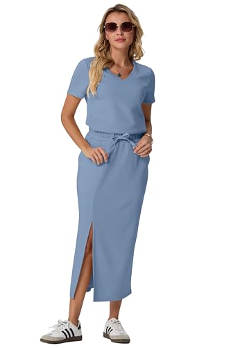 Image of GRECERELLE Women Summer Casual 2 Piece Sets V-Neck Wrinkle-Free Top & Elastic Waist Midi Side Slit Skirt with Pockets