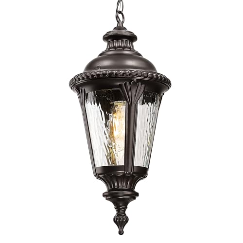 Image of Emliviar 21.3 inch Modern Hanging Porch Light with Adjustable Chain, Water Ripple Glass Outside Hanging Lighting in Oil Rubbed Bronze Finish, XE265H-M ORB-SW