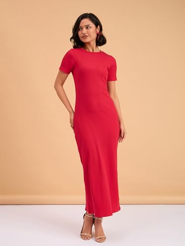 Image of barcino Red Rib Bodycon Back Slit Maxi Dress