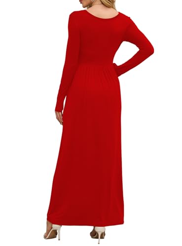 Image of DEARCASE Women's Maxi Dress Long Sleeve Crewneck Empire Waist Long Dresses | Empire Waist,round neck,floor length, dual side pockets, A-line,fall winter long dresses for wedding guest,party,vacation