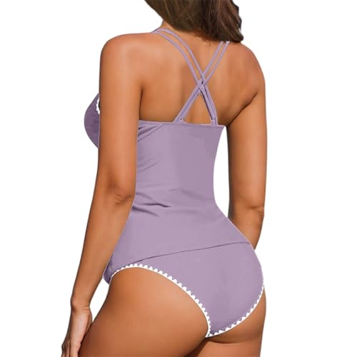 Generisch Traje de baño para mujer, conjunto de tankini, cuello en V, parte superior de bikini con pantalones de cintura alta, playa, piscina, fiesta, traje de baño de verano de dos piezas, morado, S