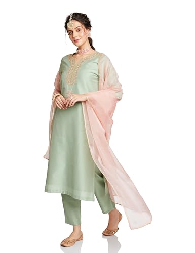 Image of Amazon Brand - Myx Women's Embroidered Kurta Set with Organza Dupatta (Available in Plus Sizes)
