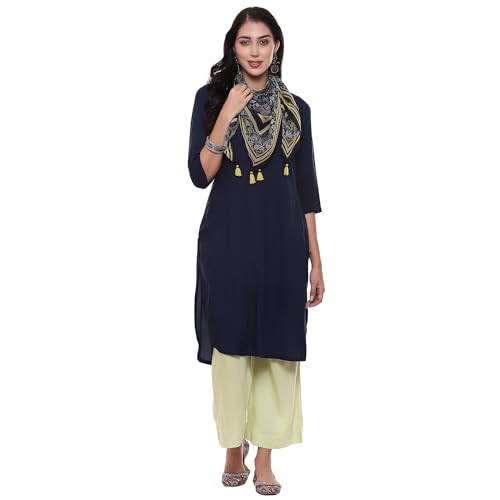 Image of BIBA Women Rayon flax Straight Kurta Palazzo Suit Set