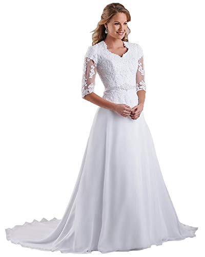 Miao Duo Women's V-Neck Boateau Lace Beach Wedding Dress Maxi Plus Size with 3/4 Sleeves Chiffon Long Maxi Bridal Gowns White 16W