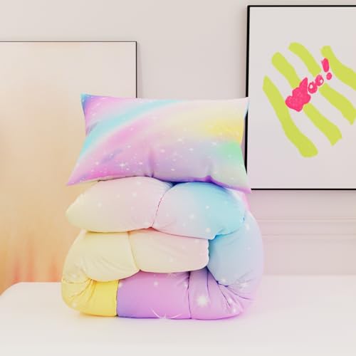 Image of Pink Rainbow Comforter Sets for Girls Kids Adults,3D Pattern with Bright Colors,Decorative Bedding Comforter Sets with 2 Pillow Shams, Full Size