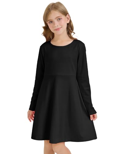 Girls Long Sleeve Skater Dress Kids Fall Crewneck Holiday Party Dresses with Pockets Black3