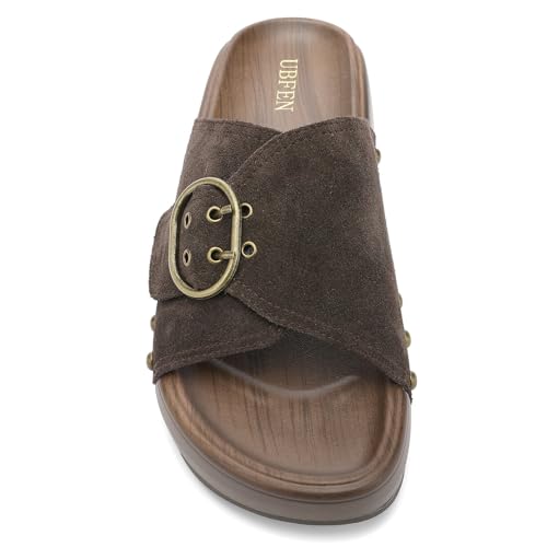 UBFEN Womens Platform Sandals Slides Genuine Leather Adjustable Buckle and Cushion Footbed Comfortable Slip On Retro Shoes4