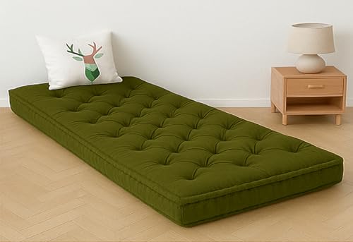 Image of ATOOTFUSION Cotton Floor Mattress, 4 inch Thick Tufted Cushion, 72 x 30 inch, Foldable, Rollable Light Weight Cotton Mattress (Dark Green Mehndi)