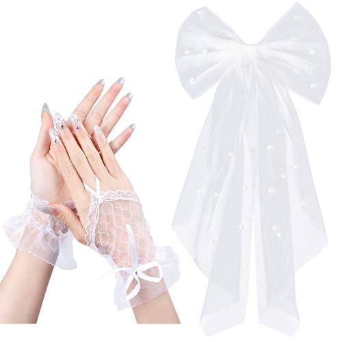 AYNKH Pinzas para el pelo de novia con guantes, accesorios para el cabello Pearl Hauteur para boda, velo corto de tul blanco, lazo para el pelo para bodas, decoraciones de despedida de soltera