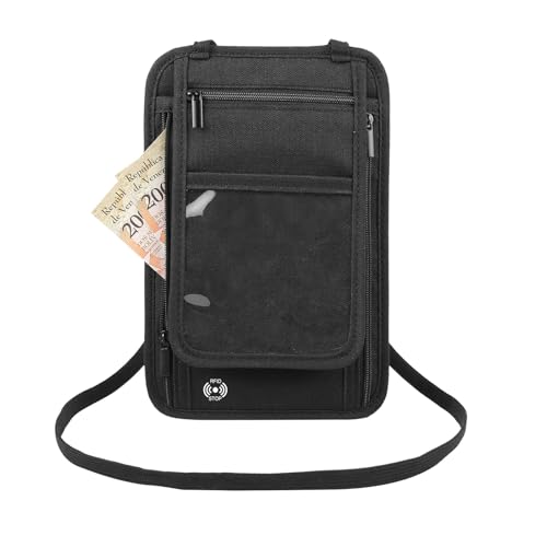 Image of Travel Neck Wallet with RFID Blocking Passport Holder, RFID Blocking Stash Neck Wallet, Neck Storage Bag for Keeping Credit Cards & Travel Documents Safe & Small Change (Black)