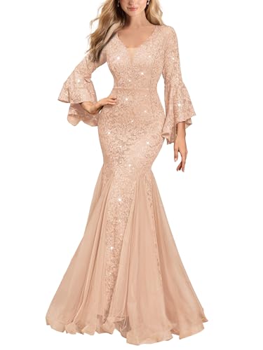 Miusol Women's Deep V Neck Sequin Lace Mesh Tulle Hem Formal Evening Maxi Dress