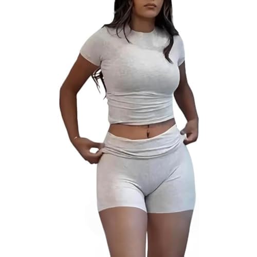 ZFLM Casual Workout Two Piece Outfits for Women Short Sleeve Crop High Waist Foldover Shorts Tracksuit Sets Streetwear