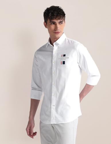 Image of U.S. POLO ASSN. Mens Cotton Regular Fit White Solid Collared Neck Long Sleeve Casual Shirts