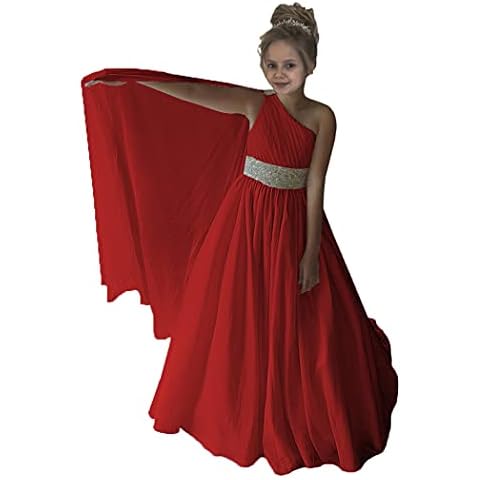 Junguan Girls One Shoulder Pageant Dress Chiffon Princess Kids Birthday Party Gowns with Flowy Cape 6 Red Cover