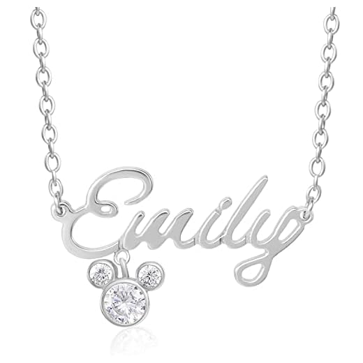Disney Mickey Mouse Personalized Jewelry - Sterling Silver Name Necklace Personalized, Custom Name Pendant, Cubic Zirconia Mickey - Script Font Name Necklace