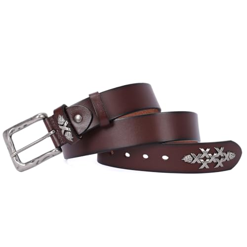 Image of Mens Casual Jean Belt Full Grain Leather Heavy Duty Punk Western Cowboy Belt 7 Holes Gift Box Packaging