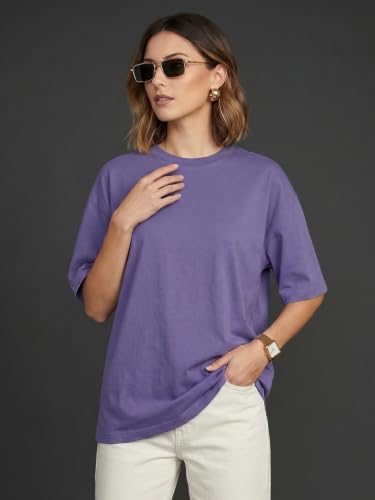 Image of JUNEBERRY Pure Cotton Oversized Baggy Fit Half Sleeve Drop Shoulder Plain Solid Round Neck T-Shirt for Women (Available in Black, White, Lilac, Cork, Maroon, Royal Blue, Swan White, Soap Nut Colors)